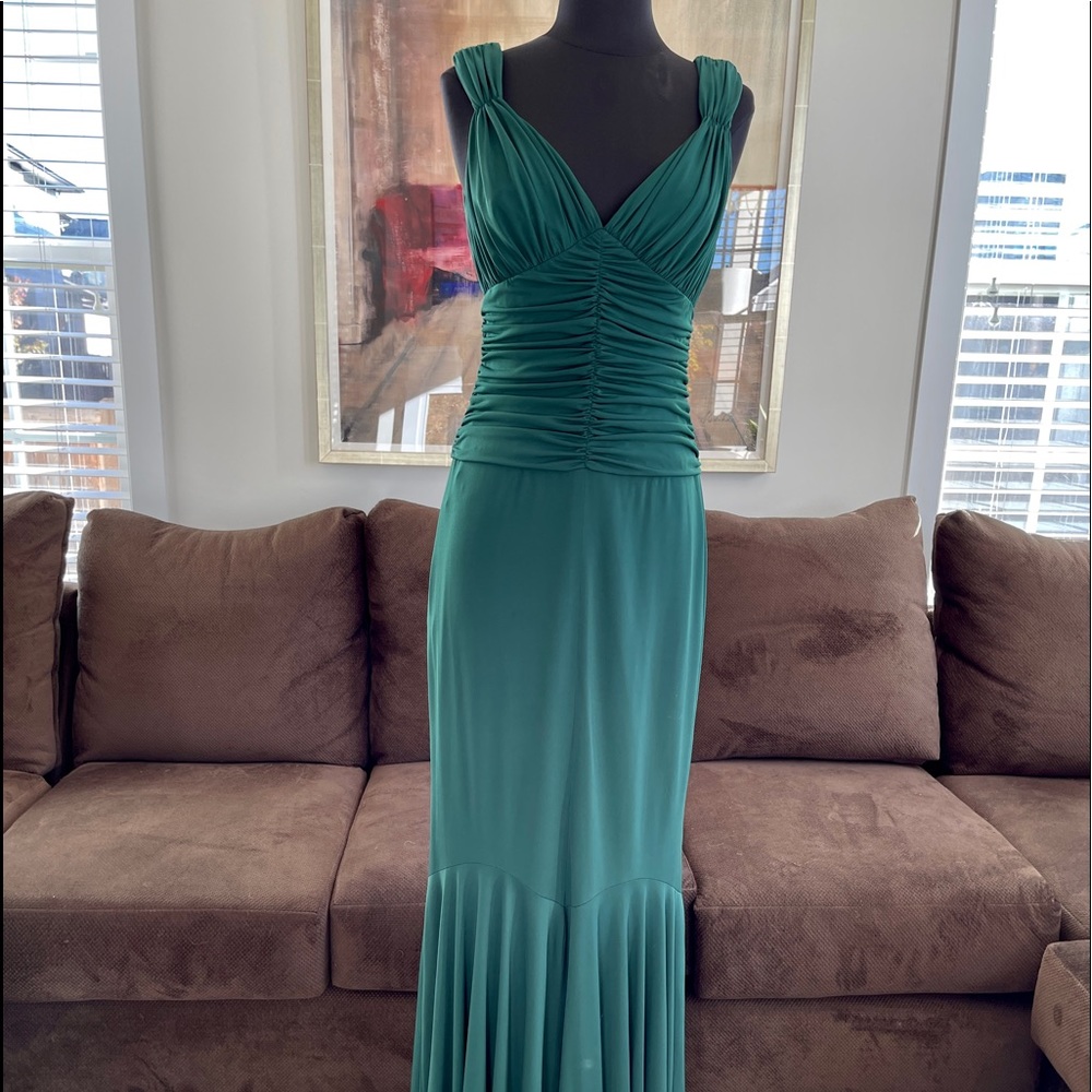 Vera Wang Full Length Forest Green Pleated & Ruched Dress
